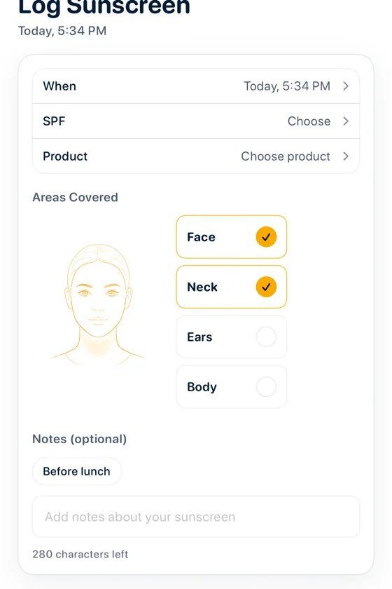 Sunclub Log Sunscreen screen with time, SPF, product, areas covered, notes, and Save Log.