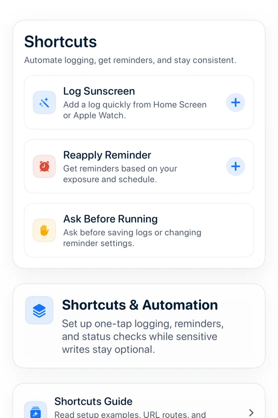 Sunclub Shortcuts screen with Log Sunscreen, Reapply Reminder, and Ask Before Running actions.