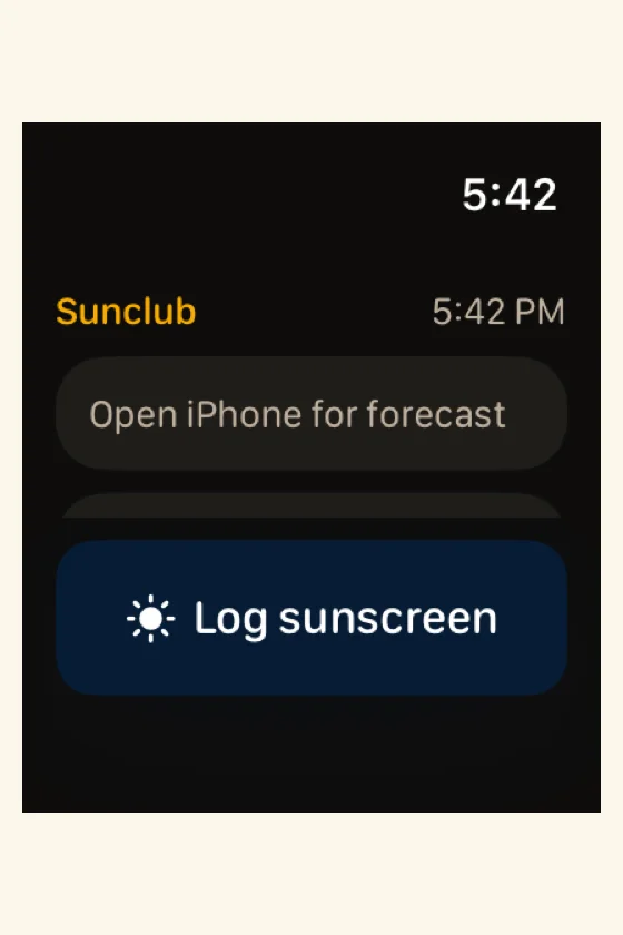 Sunclub Apple Watch screen with a Log Sunscreen action.