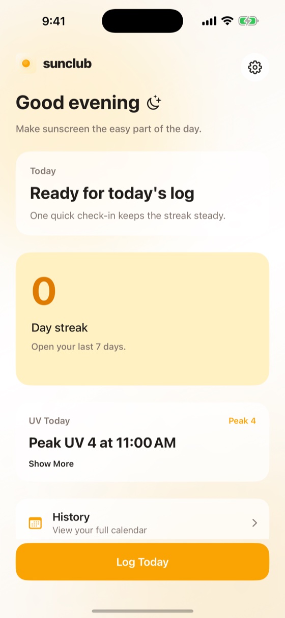Sunclub home screen with current streak, daily progress, and manual logging.