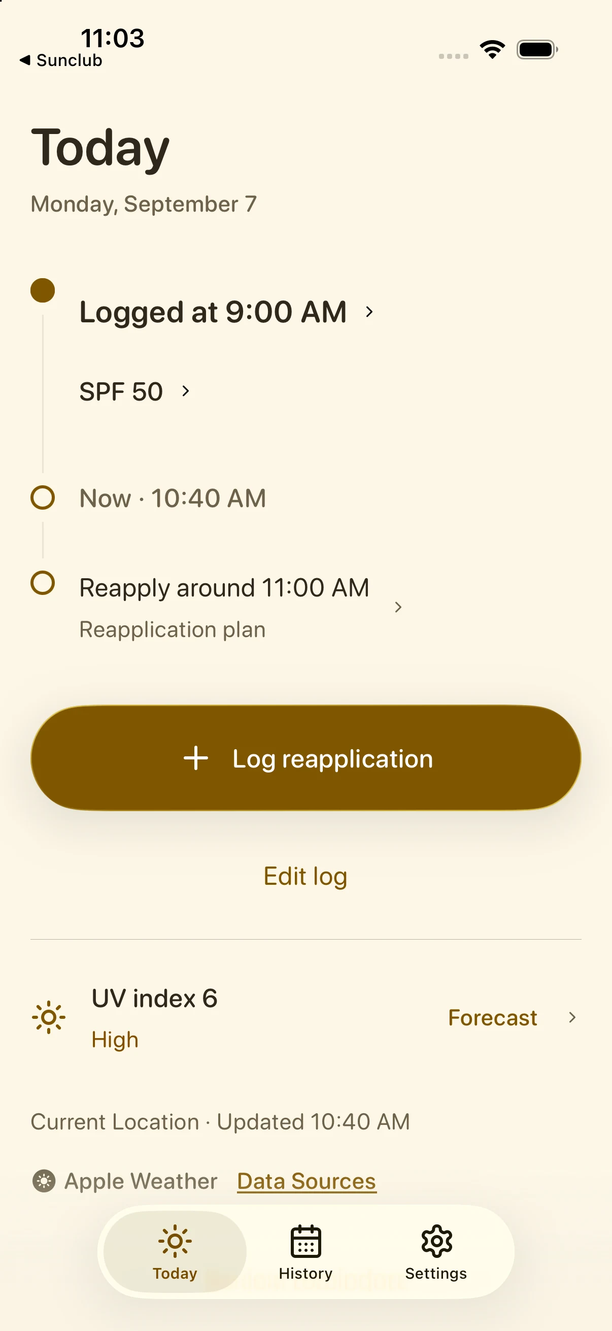 Sunclub Today timeline with a 9 AM application, an 11 AM reapplication plan, and Log reapplication.