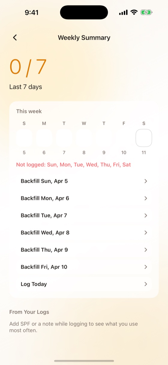 Sunclub weekly summary showing sunscreen consistency over the last seven days.